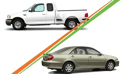 White Ford F-150 pickup truck and tan Toyota Camry sedan separated by diagonal green and orange graphic lines