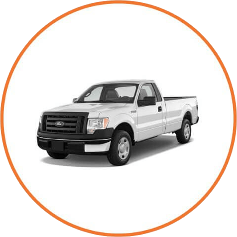 White Ford F-150 pickup truck inside an orange circular frame.