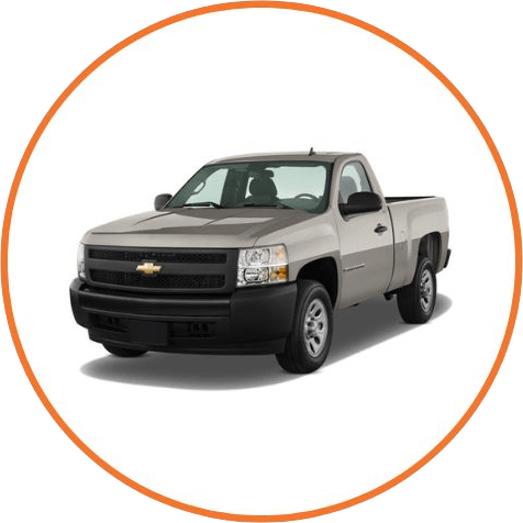 Silver Chevrolet Silverado pickup truck inside an orange circular frame.